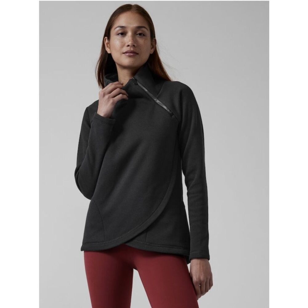 Athleta Cozy Karma Asym Pullover Fleece Lined Sweatshirt Top Black Med #759